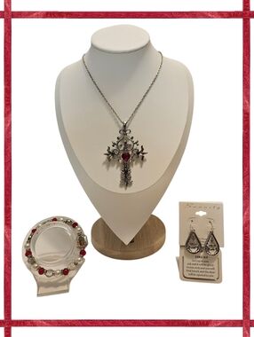 Silver Tone Filigree Cross Necklace Set